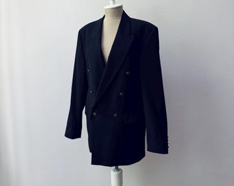 Super 100s Wool - Relaxed Fit Double Breasted Dark Navy Blue Blazer Jacket