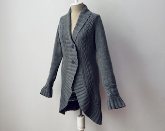 100 % cachemira pura - Chaqueta tipo cárdigan gris de punto trenzado con cuello para mujer