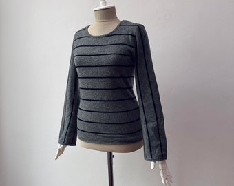 100% Pure Cashmere - Women's Striped Knit Gray Sweater