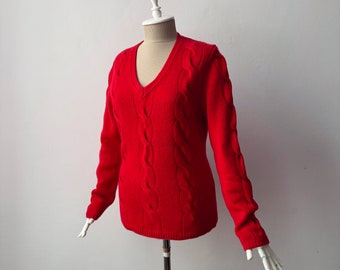 100% Pure Cashmere - Women's V-neck Chunky Knit Red Jumper