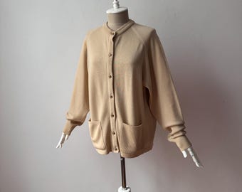 100% Soft Wool - Women's Crew Neck Loose Fit Gold Beige Knit Cardigan Sweater