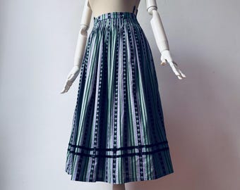 Vintage High-Waisted Pleated Midi Striped Skirt | Cotton Retro A-Line Boho Cottagecore Style