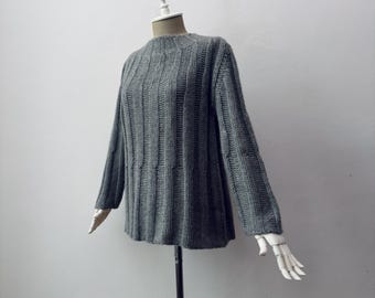 Vintage - 100% weicher Kaschmir - Damen Mockneck Grobstrick Grauer Pullover