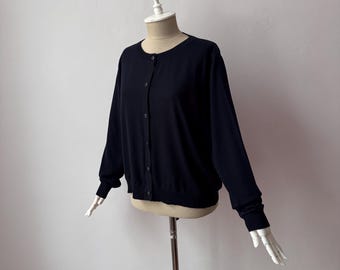 100% Fine Merino Wool - Women's Crew Neck Relaxed Fit Navy Blue Knit Cardigan Sweater