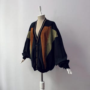 Vintage Umberto Bilancioni - Seide & weiches Leder Panel Lockere Strickjacke Bomberjacke
