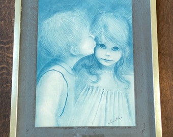 Margaret Kane Print | Big Eye Girl Print | A Little Kiss Print | 70s Wall Art | 70s Wall Hanging Decor | Blue portrait Print |
