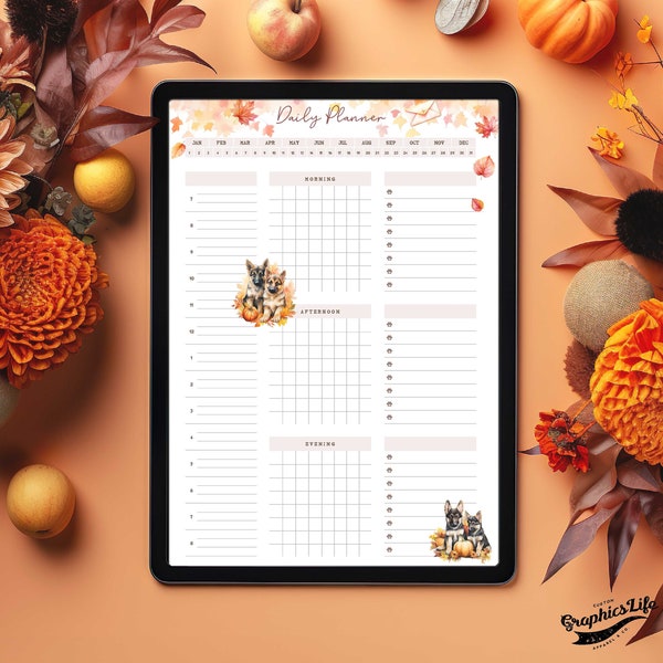 daily monthly planner digital download german shepherd dogs fall winter theme, undated 2023 2024 planner