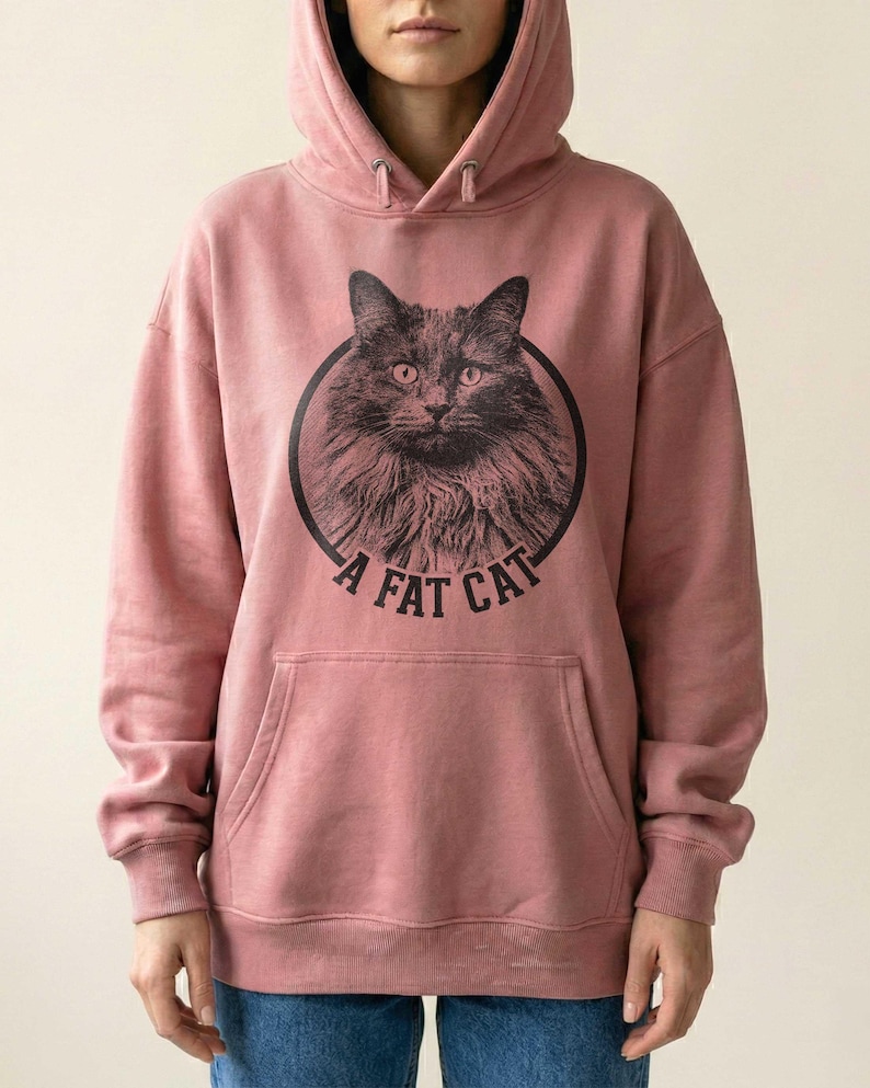 Puede incluir: Una sudadera con capucha de color rosa polvoriento que presenta un gr&aacute;fico circular negro en el pecho. El gr&aacute;fico muestra un gato de pelo largo dentro de un c&iacute;rculo con el texto A FAT CAT impreso en una fuente negrita sin remates.
