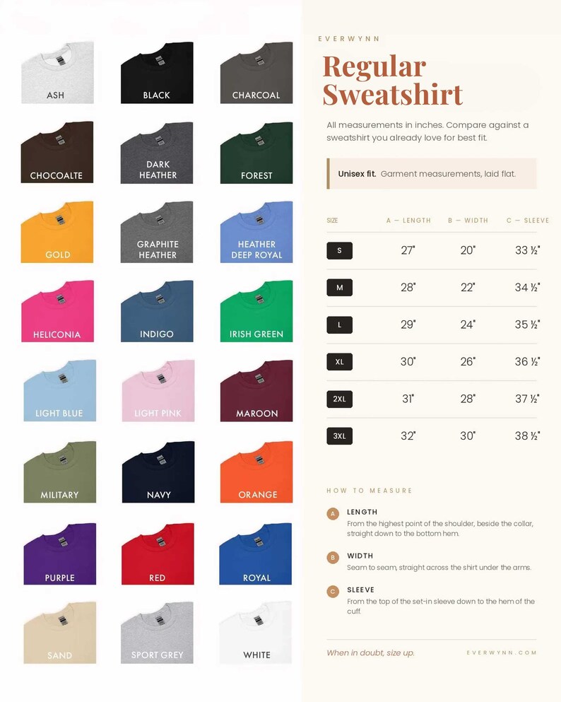 May include: A color chart for a regular sweatshirt featuring twenty-four color swatches labeled with names like Ash, Black, and Gold. A size guide table lists measurements in inches for sizes S through 3XL, including length, width, and sleeve length.