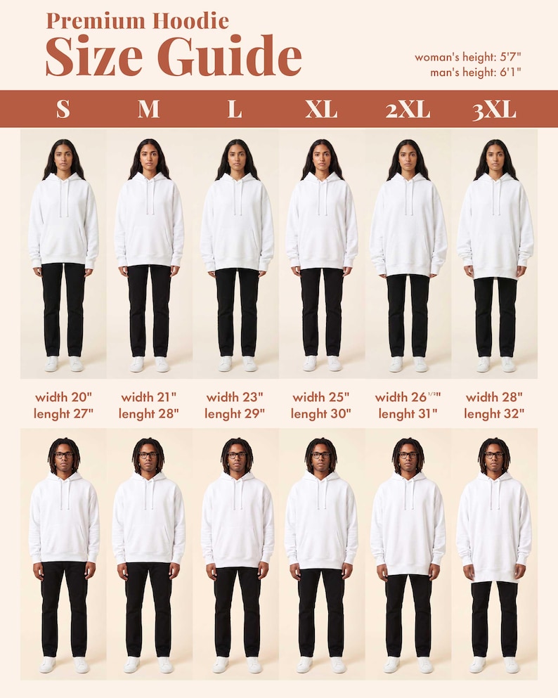 Puede incluir: Una gu&iacute;a de tallas para sudaderas con capucha que muestra desde la S hasta la 3XL. El gr&aacute;fico presenta sudaderas blancas en dos modelos de 170 cm y 185 cm de altura. Los anchos var&iacute;an de 51 cm a 71 cm y los largos de 69 cm a 81 cm.