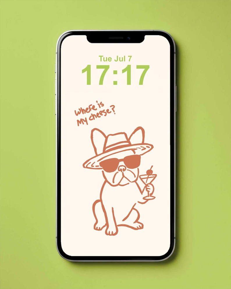 A smartphone displaying a digital wallpaper with a light cream background and a stylized orange illustration of a French Bulldog wearing a sunglasses, hat and holding a martini drink. The screen shows the green text "Tue Jul 7" and the time "17:17" in a bold font.