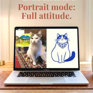 May include: A silver laptop screen displays a split image featuring a photograph of a white and grey cat on the left and a blue line art illustration of the same cat wearing a patterned bandana on the right. Text above reads: YES, IT REALLY LOOKS LIKE YOUR PET. A photo remembers. A portrait is a tribute.