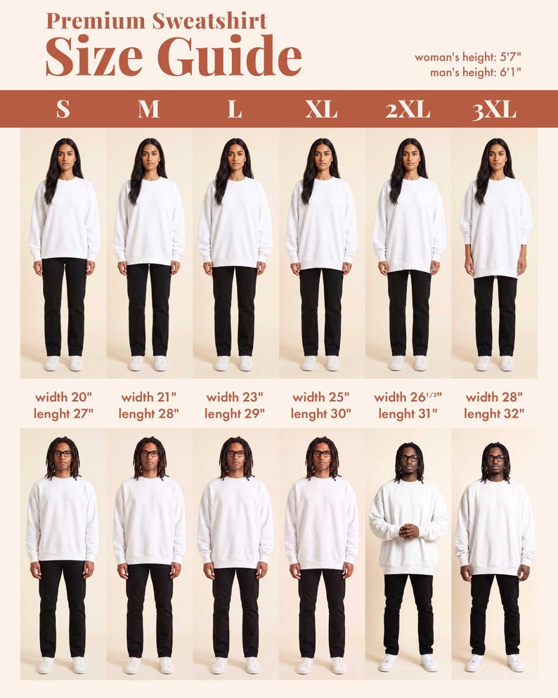May include: A Premium Sweatshirt Size Guide chart displaying white sweatshirts in sizes S through 3XL on two models. The chart lists widths from 20 to 28 inches and lengths from 27 to 32 inches, with reference heights of 5 feet 7 inches and 6 feet 1 inch.