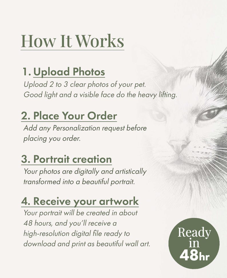以下が含まれることがあります： How It Worksというタイトルの情報グラフィックで、猫のグレースケールのイラストが描かれています。1. Upload Photos、2. Place Your Order、3. Portrait creation、4. Receive your artworkの4つのステップが記載されています。濃い緑色の円にはReady in 48hrと書かれています。