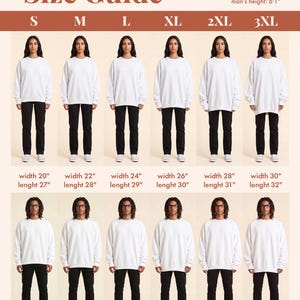 May include: A regular sweatshirt size guide chart displaying sizes S through 3XL. The chart features two rows of figures wearing white sweatshirts and black pants, with text indicating widths from 20 to 30 inches and lengths from 27 to 32 inches.