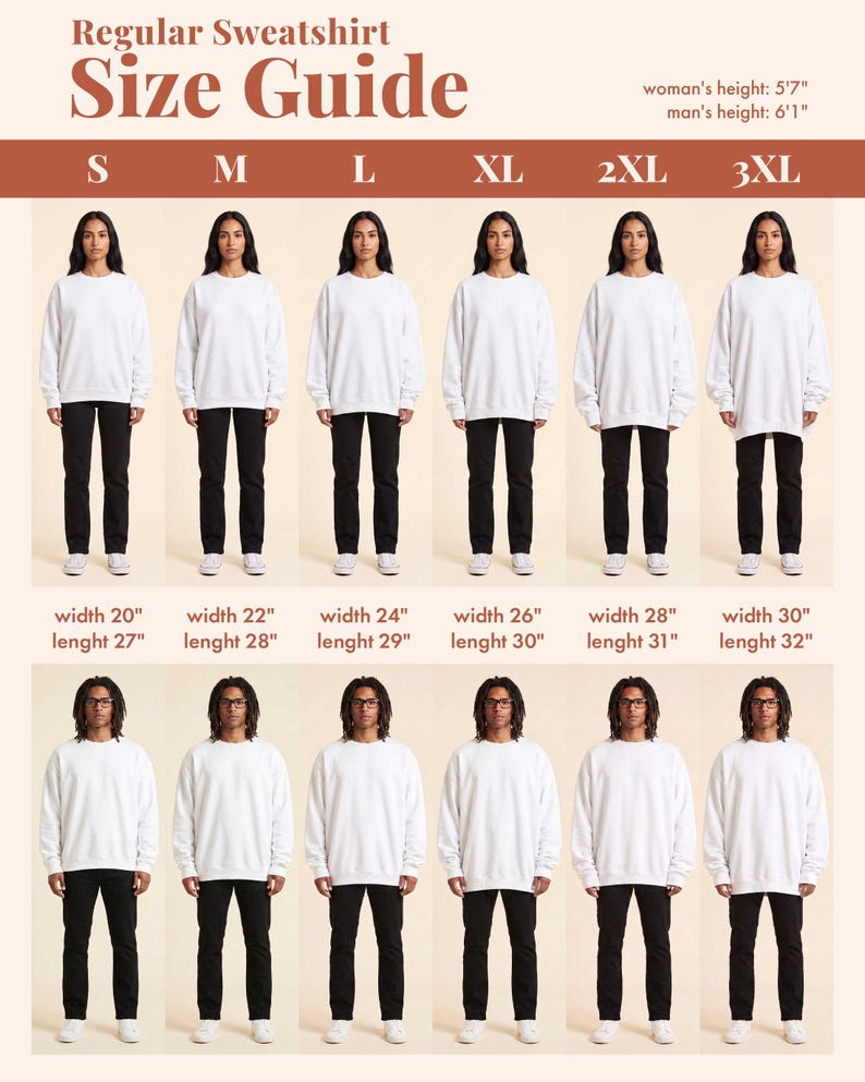 May include: A regular sweatshirt size guide chart displaying sizes S through 3XL. The chart features two rows of figures wearing white sweatshirts and black pants, with text indicating widths from 20 to 30 inches and lengths from 27 to 32 inches.