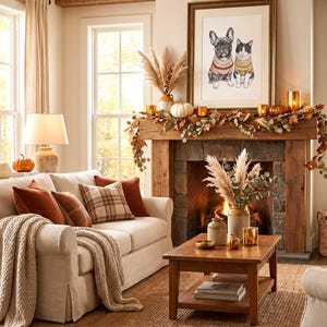 A living room featuring a beige sofa with rust-colored and plaid pillows, a cream knit throw, and a wooden coffee table. A stone fireplace with a wooden mantel displays a framed print of a dog and cat, pumpkins, and foliage.