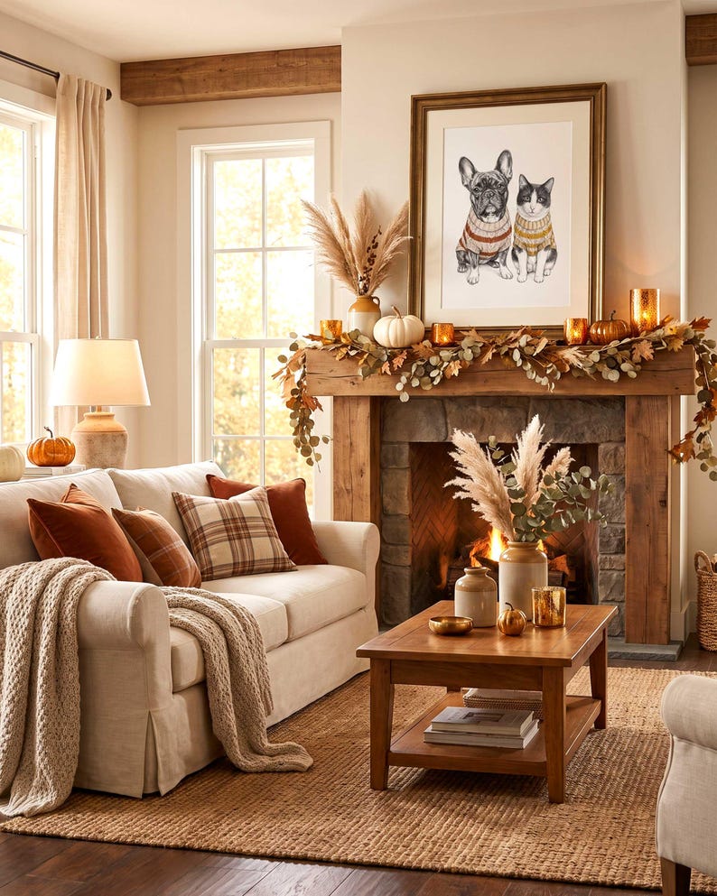 A living room featuring a beige sofa with rust-colored and plaid pillows, a cream knit throw, and a wooden coffee table. A stone fireplace with a wooden mantel displays a framed print of a dog and cat, pumpkins, and foliage.