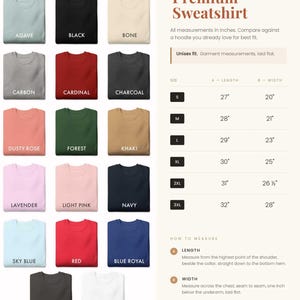May include: A collection of seventeen folded sweatshirts in various colors including agave, black, bone, carbon, cardinal, charcoal, dusty rose, forest, khaki, lavender, light pink, navy, sky blue, red, blue royal, vintage black, and white with a size chart.