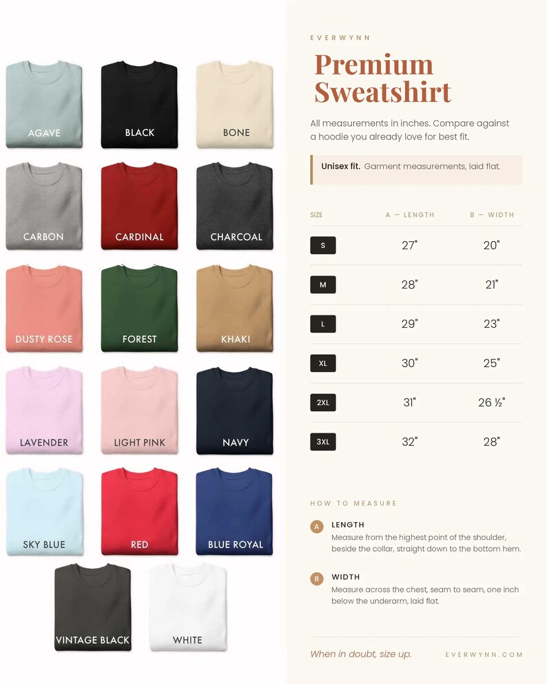 May include: A collection of seventeen folded sweatshirts in various colors including agave, black, bone, carbon, cardinal, charcoal, dusty rose, forest, khaki, lavender, light pink, navy, sky blue, red, blue royal, vintage black, and white with a size chart.
