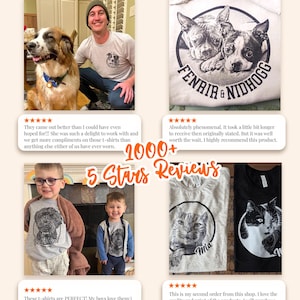 Puede incluir: Un collage de rese&ntilde;as de clientes que muestran varias camisetas. Una imagen presenta un perro y una persona que lleva una camiseta a juego. Otras camisetas muestran gr&aacute;ficos de perros y gatos. El texto incluye "FENRIR & NIDHOGG", "Best Friend" y "Mia".