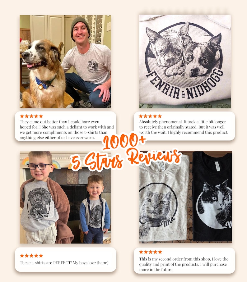 Puede incluir: Un collage de rese&ntilde;as de clientes que muestran varias camisetas. Una imagen presenta un perro y una persona que lleva una camiseta a juego. Otras camisetas muestran gr&aacute;ficos de perros y gatos. El texto incluye "FENRIR & NIDHOGG", "Best Friend" y "Mia".