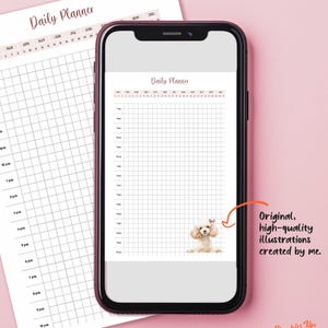 Op de afbeelding: Een digitale dagelijkse planner met een witte achtergrond en een rasterpatroon. De planner wordt weergegeven op het scherm van een smartphone. De planner heeft een titel die "Daily Planner" zegt en bevat een kalender met de maanden van het jaar. Een kleine illustratie van een witte poedel bevindt zich in de rechterbenedenhoek van de planner.