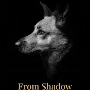May include: A black and white profile portrait of a dog with pointed ears, set against a dark background. Below the dog, the text reads: From Shadow, Dramatic - Timeless - Powerful. The lighting highlights the texture of the fur and the eye.