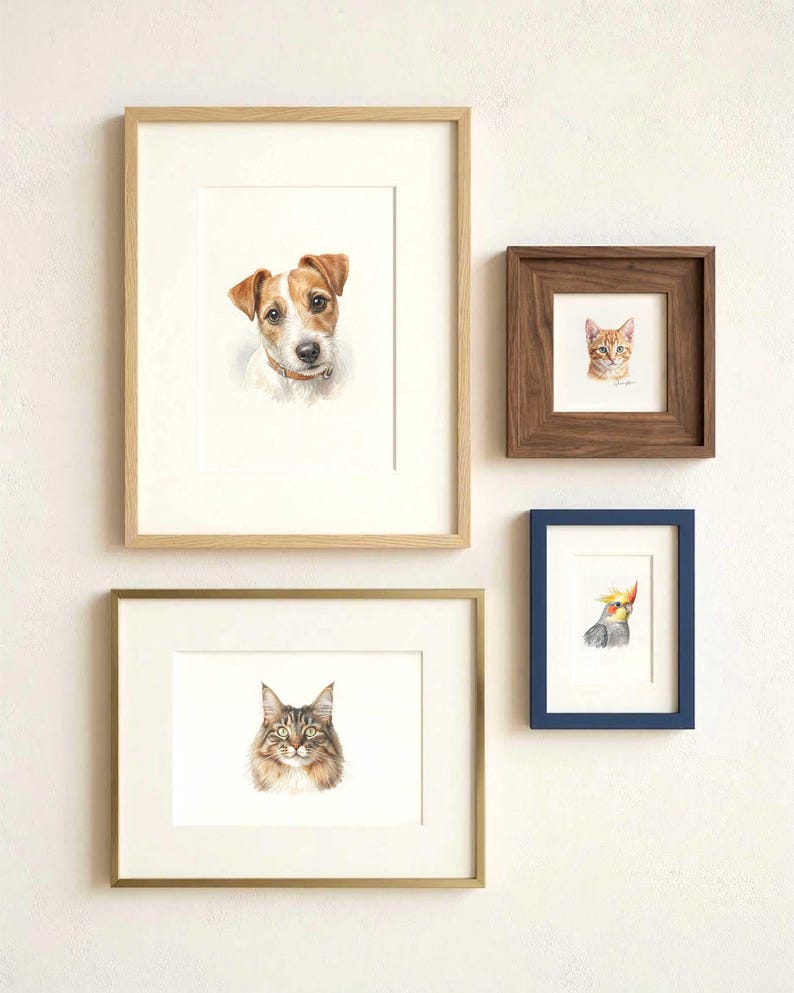 May include: Four framed watercolor portraits of animals displayed on a wall. The collection includes a Jack Russell Terrier in a light wood frame, a tabby cat in a dark wood frame, a Maine Coon cat in a gold frame, and a cockatiel in a blue frame.