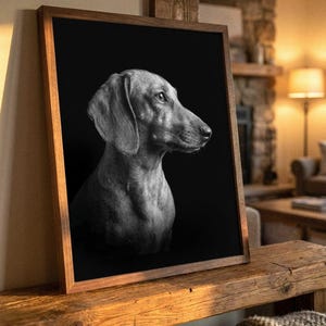 May include: A framed black and white portrait of a dachshund dog shown in profile. The dog is facing to the right against a solid black background. The frame is made of medium-toned wood with a simple, clean edge, displaying the animal's head and neck.