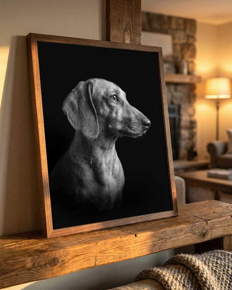 May include: A framed black and white portrait of a dachshund dog shown in profile. The dog is facing to the right against a solid black background. The frame is made of medium-toned wood with a simple, clean edge, displaying the animal's head and neck.