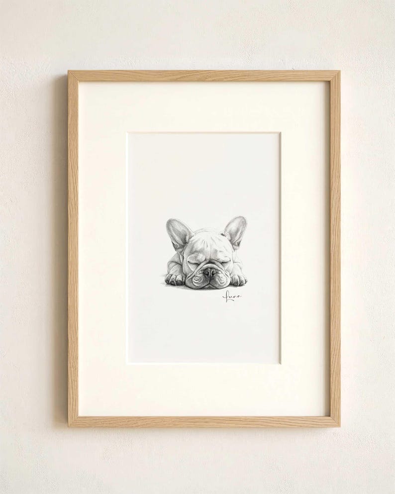 Custom Pet Portrait from Photo, Pencil Charcoal Drawing of a sleeping french bulldog, wooden frame