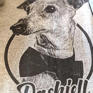 May include: A heather gray t-shirt featuring a black ink graphic of a greyhound dog wearing a bow tie inside a circular frame. The name Dashiell is printed in a bold, cursive script font beneath the circular graphic of the dog.