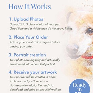 May include: An informational graphic titled How It Works with four steps for ordering a custom pet portrait. It includes text instructions for uploading photos, placing an order, portrait creation, and receiving a digital file, plus a Ready in 48hr badge.