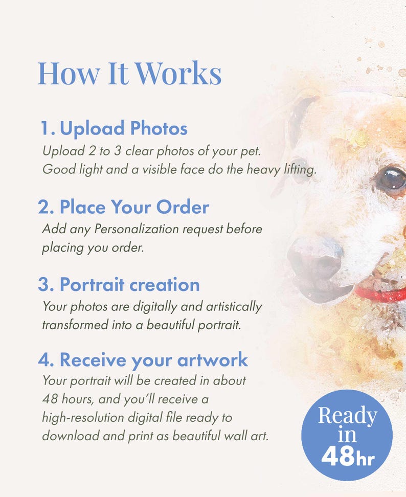 May include: An informational graphic titled How It Works with four steps for ordering a custom pet portrait. It includes text instructions for uploading photos, placing an order, portrait creation, and receiving a digital file, plus a Ready in 48hr badge.