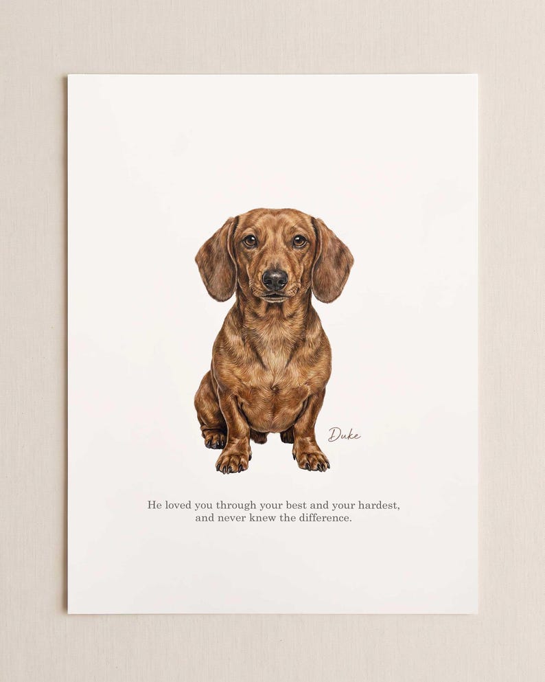 A soft pastel portrait of a red dachshund sitting upright, drawn with loose edges and sharp detail in the eyes, centred on a plain cream background with a short handwritten caption beneath