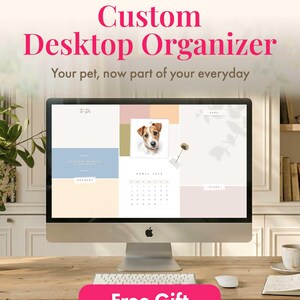 May include: A computer monitor displaying a custom desktop organizer wallpaper featuring a portrait of a Jack Russell Terrier, a calendar for April 2024, and sections labeled To-Do, Folders, and Files. The screen text includes Complimentary With Your Portrait.