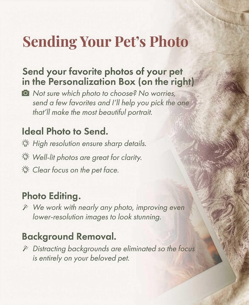 Puede incluir: Texto sobre un fondo color crema que dice "Enviando la foto de tu mascota". Detalla c&oacute;mo enviar fotos de mascotas para un retrato, enfatizando la alta resoluci&oacute;n, la claridad y el enfoque. Tambi&eacute;n se mencionan la edici&oacute;n de fotos y la eliminaci&oacute;n del fondo.