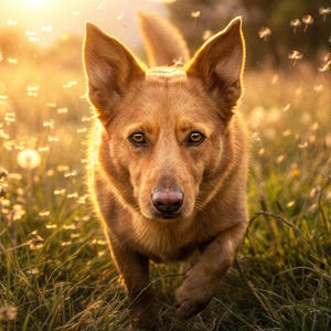 A German Shepherd standing in a meadow of dandelion seed heads, backlit by low golden sunlight so the seeds glow around the dog's face and chest, warm amber tones filling the frame.