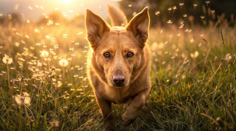 A German Shepherd standing in a meadow of dandelion seed heads, backlit by low golden sunlight so the seeds glow around the dog's face and chest, warm amber tones filling the frame.