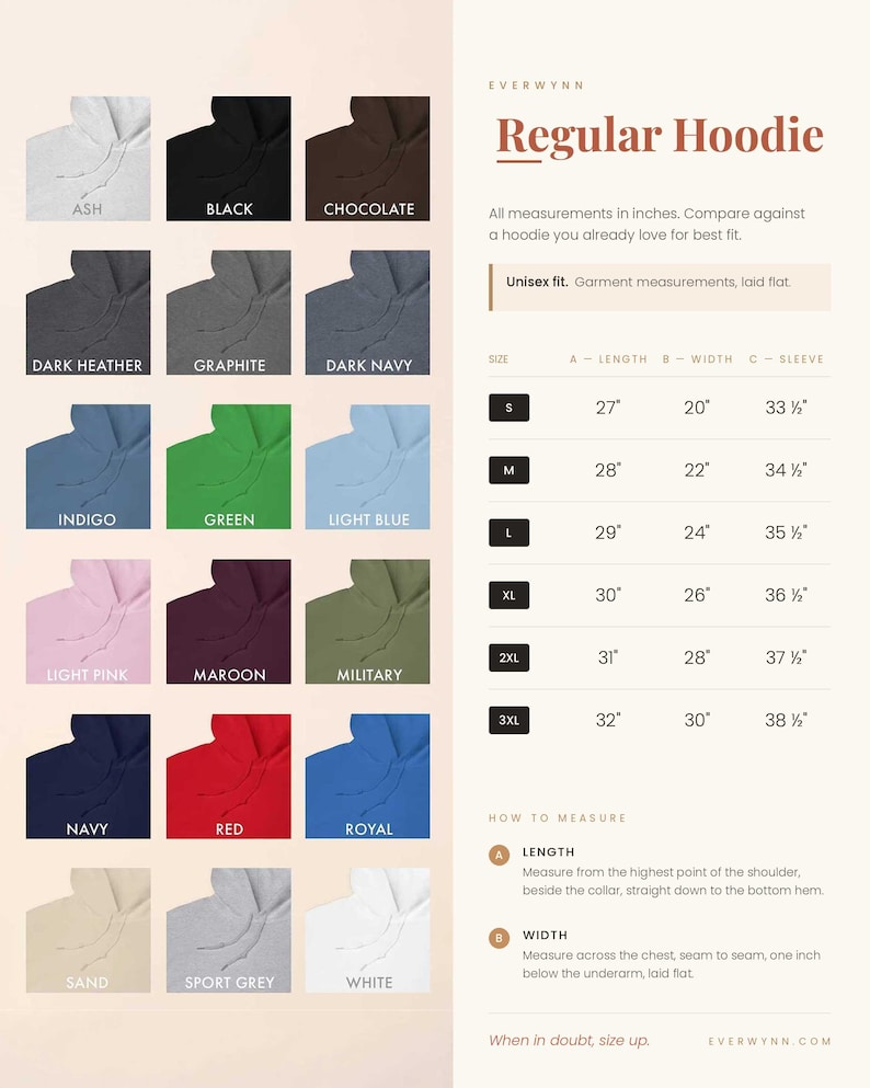 Puede incluir: Una tabla de colores para una sudadera con capucha regular que presenta dieciocho muestras de color, incluyendo ash, black, chocolate, dark heather, graphite, dark navy, indigo, green, light blue, light pink, maroon, military, navy, red, royal, sand, sport grey y white.