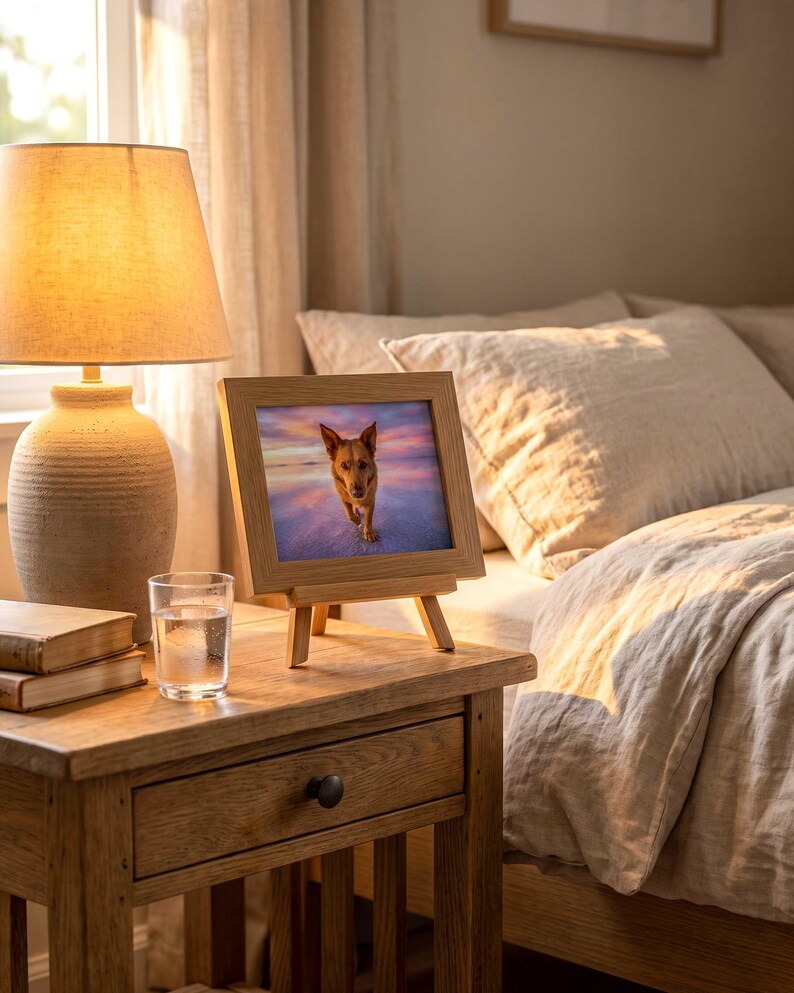 A small framed dog portrait propped on a wooden nightstand beside a lit lamp, with a made bed and layered cream pillows behind it.