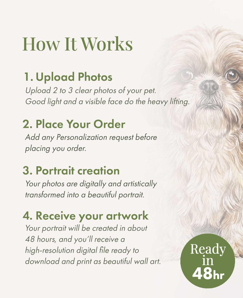 Pode incluir: Um gr&aacute;fico informativo intitulado How It Works detalhando um processo de quatro etapas para retratos personalizados de animais de estima&ccedil;&atilde;o. Inclui instru&ccedil;&otilde;es para enviar fotos, fazer um pedido, criar um retrato e receber um arquivo digital junto com um desenho de um c&atilde;o.