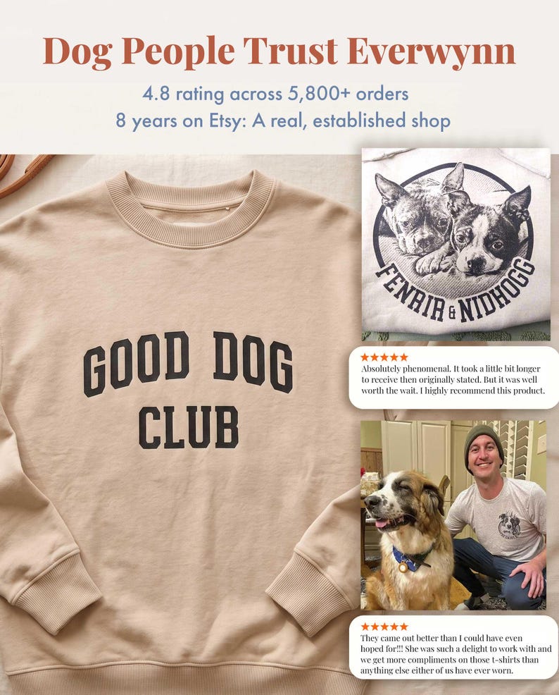 May include: A beige crewneck sweatshirt featuring the black text GOOD DOG CLUB printed on the front. The image includes additional panels showing a white shirt with a dog graphic labeled FENRIR & NIDHOGG and a photo of a person with a dog.