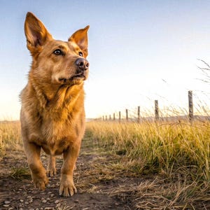 A German Shepherd standing in a wide field of golden grass beside a wooden fence line, facing forward under an open blue sky that runs to the horizon.