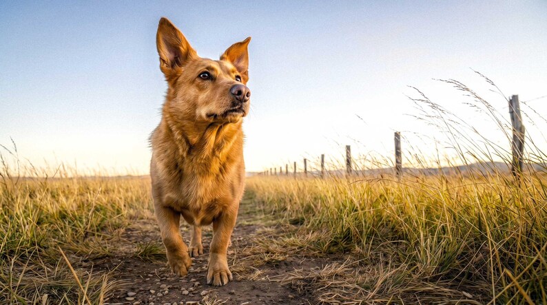 A German Shepherd standing in a wide field of golden grass beside a wooden fence line, facing forward under an open blue sky that runs to the horizon.