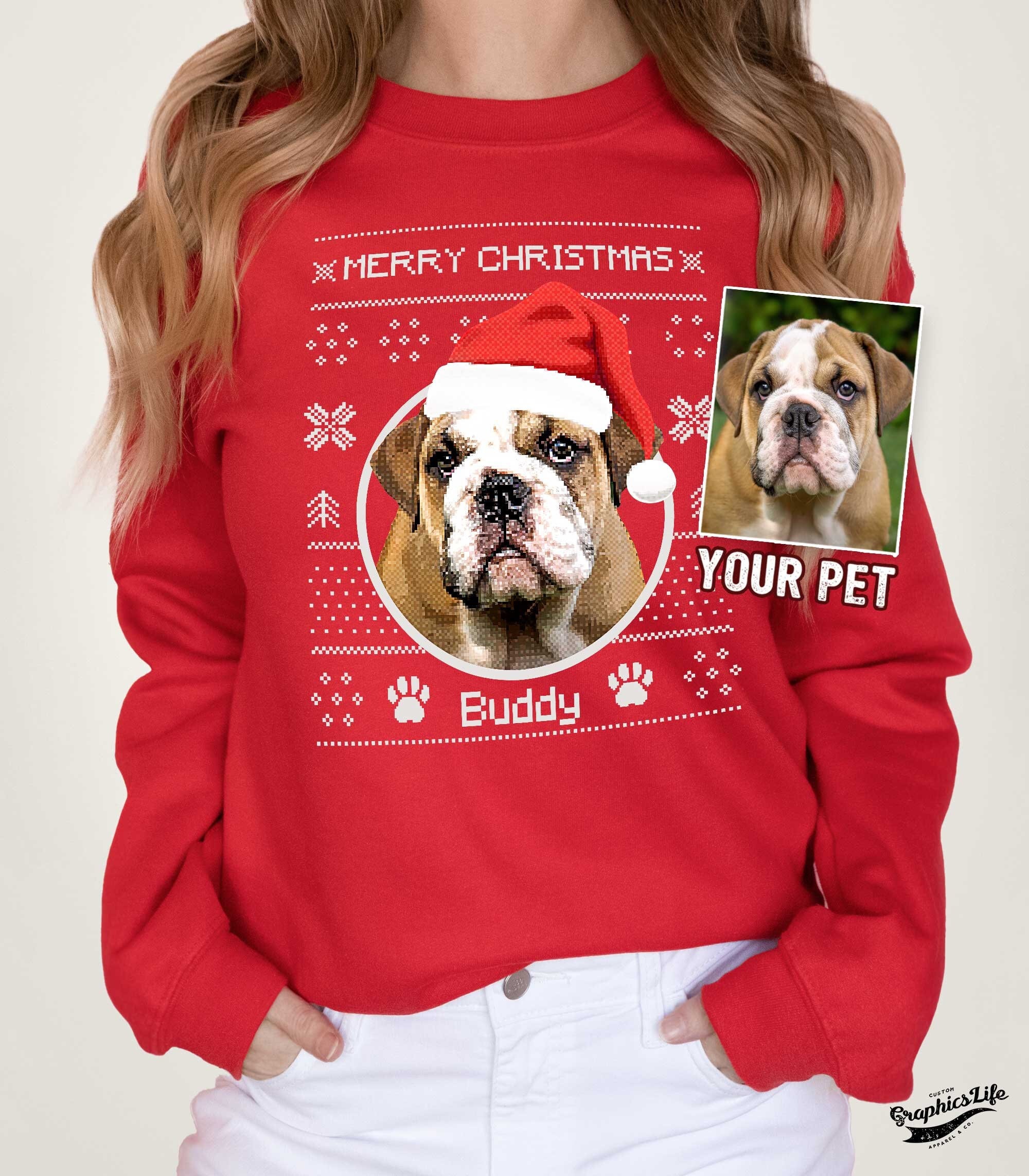 GraphicsLife Ugly Christmas Sweatshirt, Custom Pet Portrait, Xmas Sweatshirt, Custom Dog Pullover, Dog Lover Sweatshirt