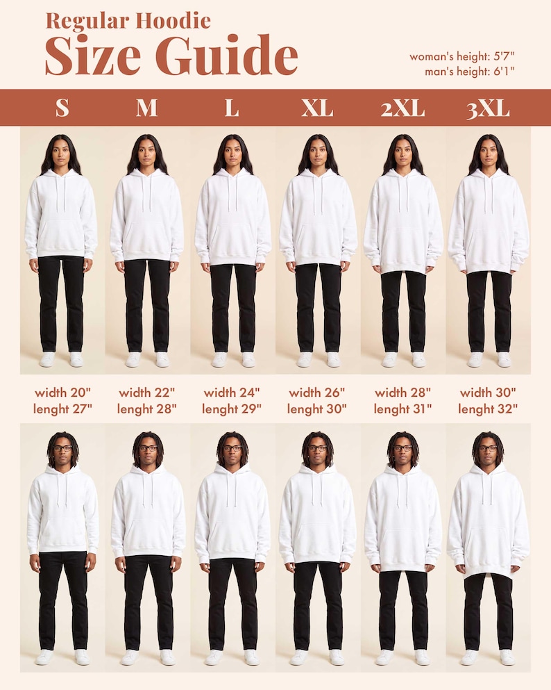Puede incluir: Una gu&iacute;a de tallas para sudaderas con capucha que muestra desde la S hasta la 3XL. Presenta dos filas de personas con sudaderas blancas y pantalones negros, con medidas de ancho y largo en pulgadas debajo de cada columna.