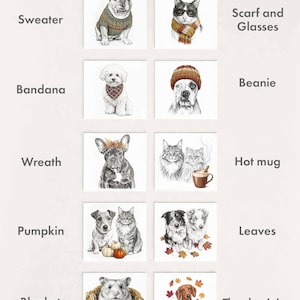 A grid of ten illustrations showing pets with fall accessories, labeled with text including Sweater, Scarf and Glasses, Bandana, Beanie, Wreath, Hot mug, Pumpkin, Leaves, Blanket, and Thanksgiving, under the heading Pick your pet's Fall accessory.
