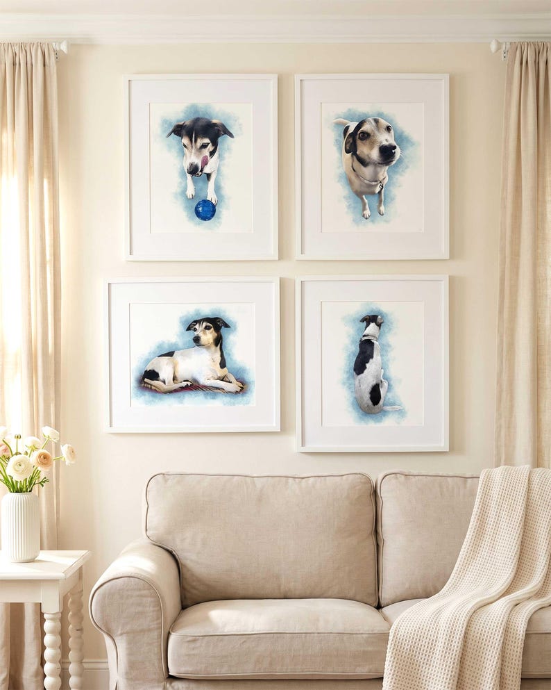 May include: Four framed wall art prints featuring watercolor-style illustrations of a black and white dog in various poses, including standing with a blue ball, looking upward, lying down, and sitting, all set against a soft blue background.